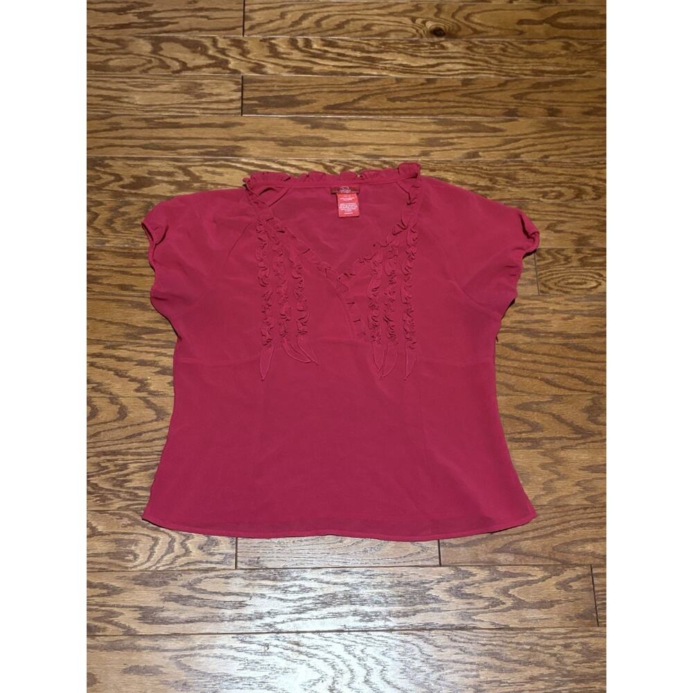 Vintage Oscar De La Renta Women's Pink Ruffle Front V-Neck Chiffon Blouse, Sz 14